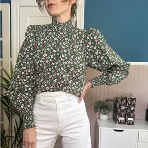 BODEN Ellie Smocked Neck Top floral ruffled balloon sleeve green regency